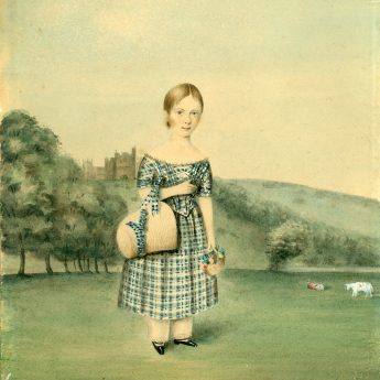Watercolour portrait of a girl in a plaid dress painted in 1845 by J. Wood of Alnwick