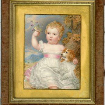 Miniature portrait of a child in a garden landscape with an adoring spaniel
