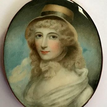 Miniature portrait of a young lady in a straw bonnet painted by Andrew Plimer