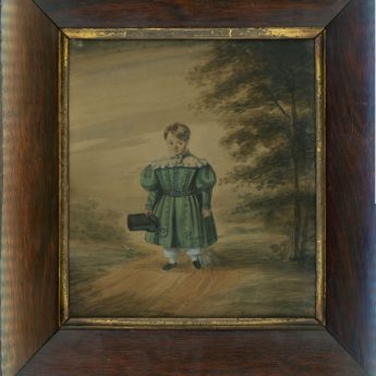 Watercolour portrait of a young boy in a green tunic