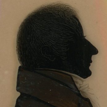 Silhouette reverse painted on convex glass, one of a pair