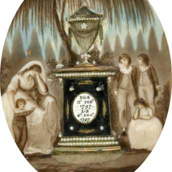 Poignant memorial miniature showing the Senior children alongside their aunt grieving at the tomb of their parents who both died in 1797