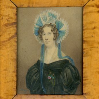 Watercolour portrait of a lady in a wonderful hat painted by Irish artist John Moreau