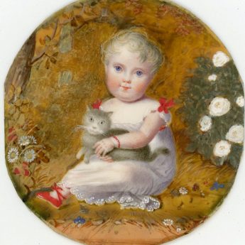 Miniature portrait of a child in a garden holding a grey cat