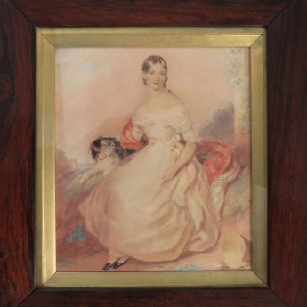 Romantic watercolour portrait of a young lady with her King Charles spaniel