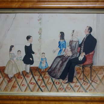 Charming naive watercolour conversation piece of a family in a drawing room