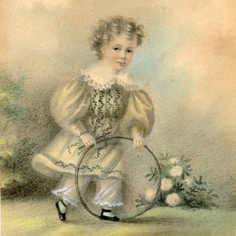 Charming watercolour portrait of a child playing with a wooden hoop and stick