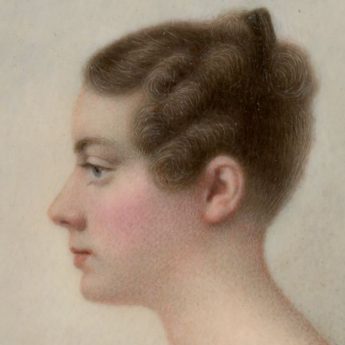 Profile portrait miniature of a young lady in a fur-trimmed purple surcoat