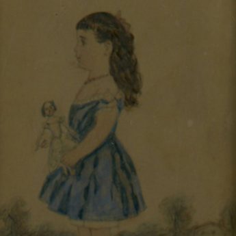 Watercolour profile of a child with her best doll