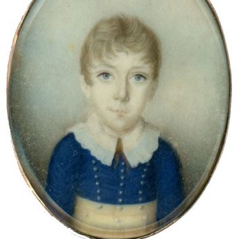 A charming miniature portrait of a boy in a blue and yellow skeleton suit