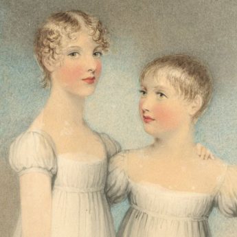 Watercolour portrait of two sisters in a landscape painted by Adam Buck in 1816
