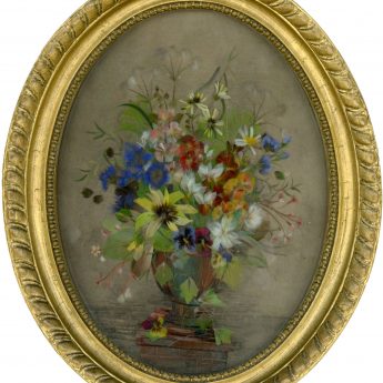 Feather work picture featuring a vase of flowers
