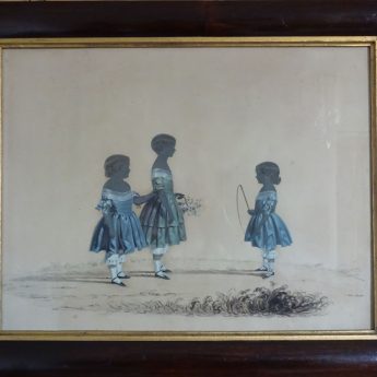 Cut and painted silhouette heightened with colour of three children