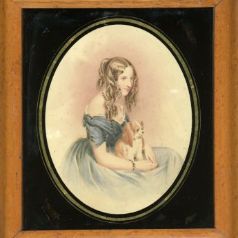 Watercolour portrait of a young lady with a puppy on her lap