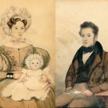 A pair of naive watercolour portraits of a doctor with his wife and baby