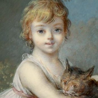 Miniature portrait of a child in a garden with a tabby cat