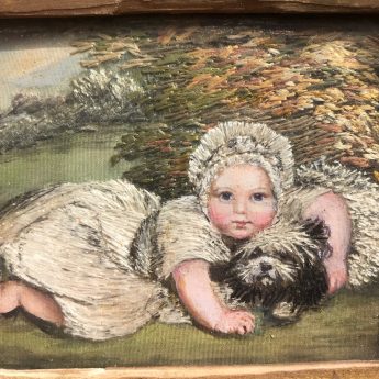 Silk needlework and watercolour picture of a child with a dog