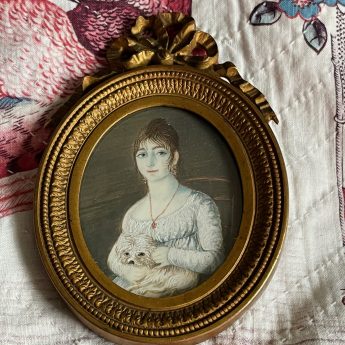 French miniature portrait of a lady with a lap dog
