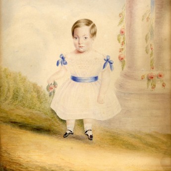 Watercolour portrait of a 3-year old child in a garden