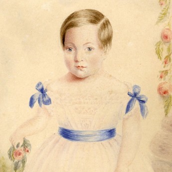 Watercolour portrait of a 3-year old child in a garden