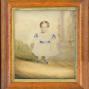 Watercolour portrait of a 3-year old child in a garden