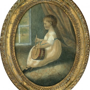 Small Georgian watercolour portrait of Samuel Hare beating a toy drum