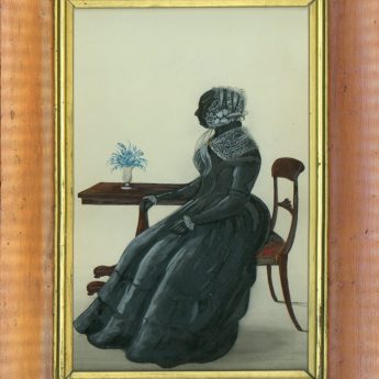 Painted silhouette with gilding and colour highlights of a lady
