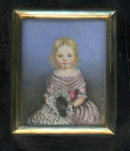 Miniature portrait of Maria Griffiths with her dog, Toby