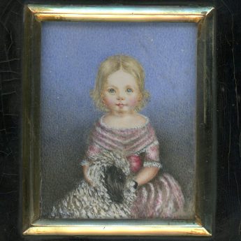 Miniature portrait of Maria Griffiths with her dog, Toby