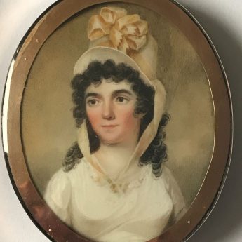Miniature portrait of a young lady in a white dress and straw hat