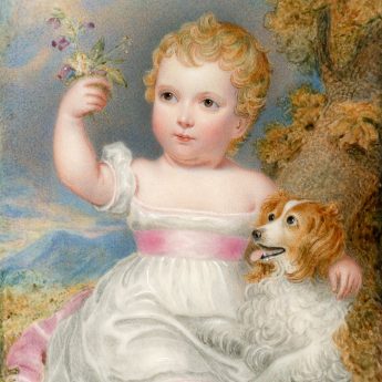 Miniature portrait of a child in a garden landscape with an adoring spaniel