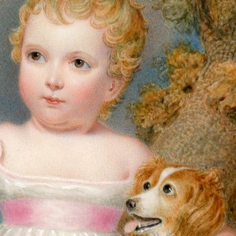 Miniature portrait of a child in a garden landscape with an adoring spaniel