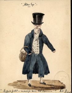 Small watercolour portrait of a pedlar with his basket.