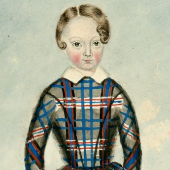 Watercolour portrait of a child in a checked dress