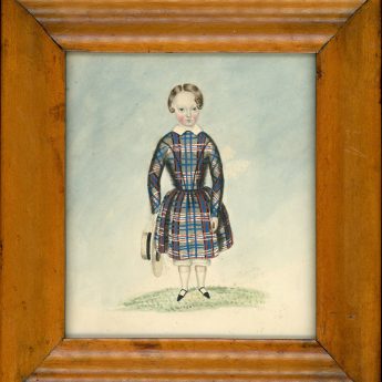 Watercolour portrait of a child in a checked dress