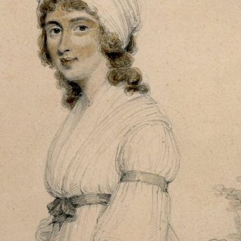 Full-length pencil with watercolour portrait of a lady drawn by Henry Edridge and dated 1796