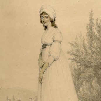 Full-length pencil with watercolour portrait of a lady drawn by Henry Edridge and dated 1796