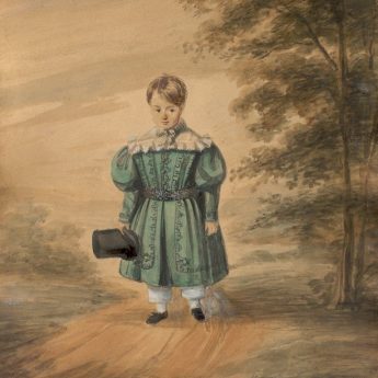 Watercolour portrait of a young boy in a green tunic