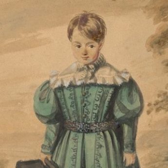 Watercolour portrait of a young boy in a green tunic