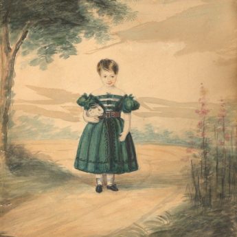 Watercolour portrait of a girl in a green dress holding a rabbit