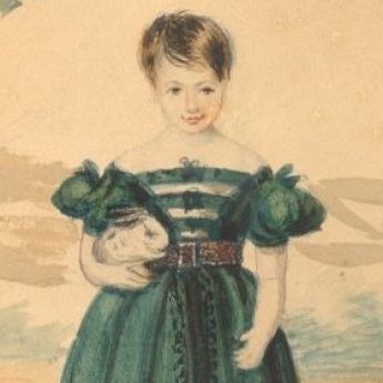 Watercolour portrait of a girl in a green dress holding a rabbit