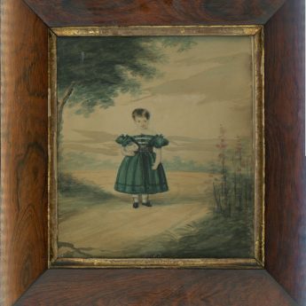 Watercolour portrait of a girl in a green dress holding a rabbit