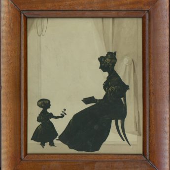 Cut and gilded silhouette portrait of a mother and her young daughter