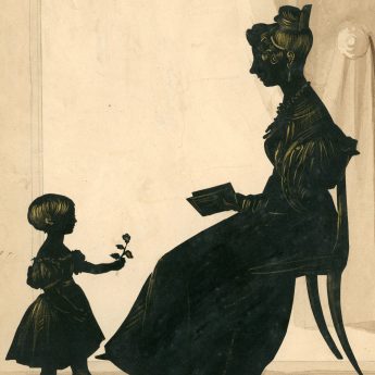 Cut and gilded silhouette portrait of a mother and her young daughter