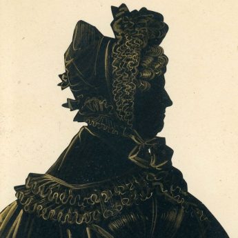 Cut and gilded silhouette of a mature lady; gallery trade label no. 5