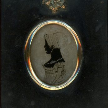 Charming silhouette of a child reverse painted on glass and backed with wax