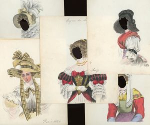 Watercolour portraits of a lady with 8 costume overlays, early 19th century