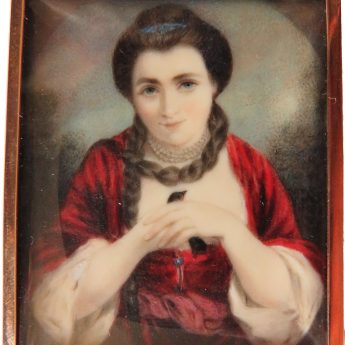 Miniature portrait of Lady Elizabeth Fortescue holding a bird; painted by Joseph Osmond Barnard