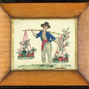 Quirky 19th century watercolour of a boy selling potted plants
