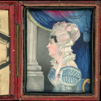 Miniature profile portrait of Ann Haines in the original travelling case and accompanied by her marriage certificate